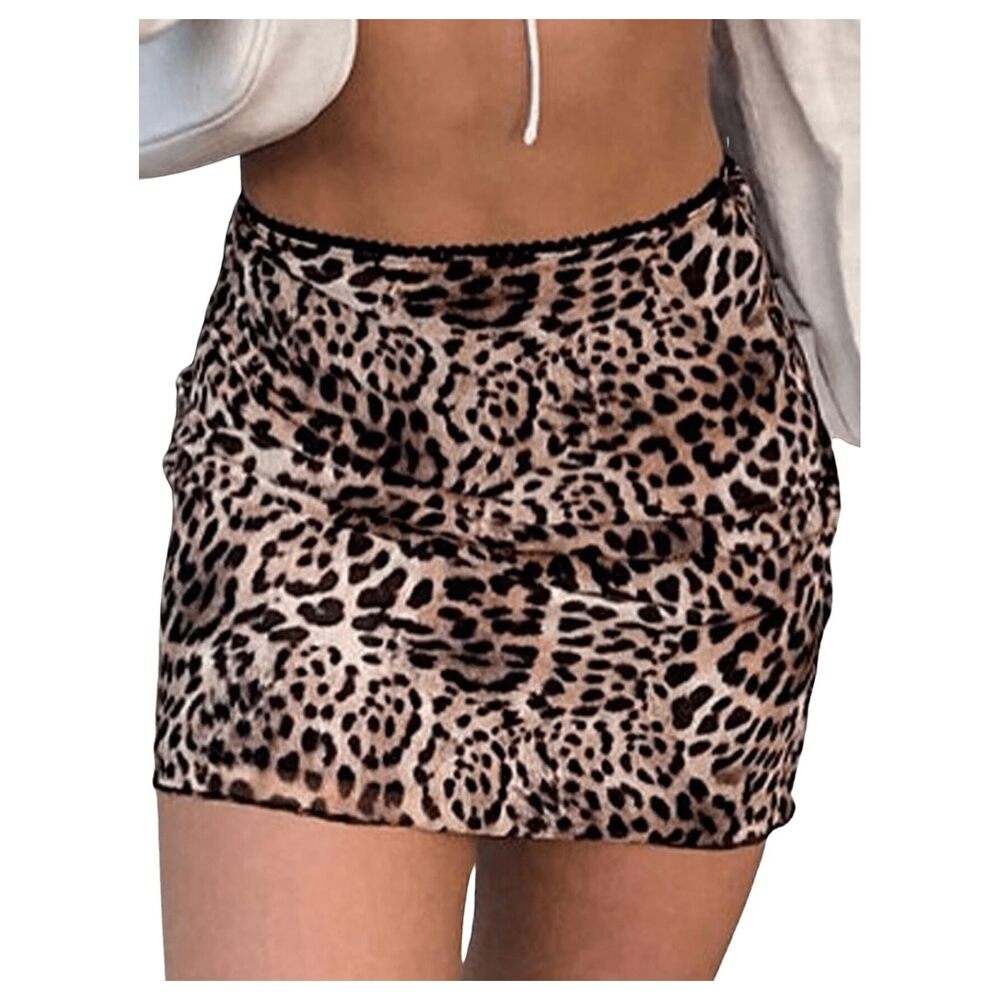 5203 Plus Size Y2k Cheetah Skirts Lace Trim Street A Line Mini Skirt Khaki